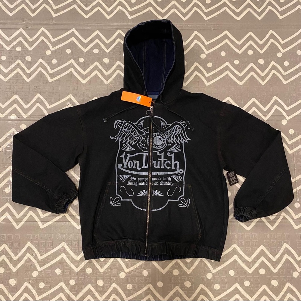 Von Dutch vintage retro washed denim jean hoodie jacket coat large